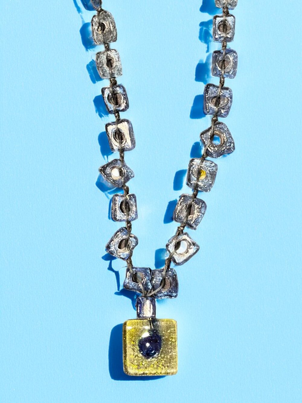 Adjustable blue and green glass beaded necklace